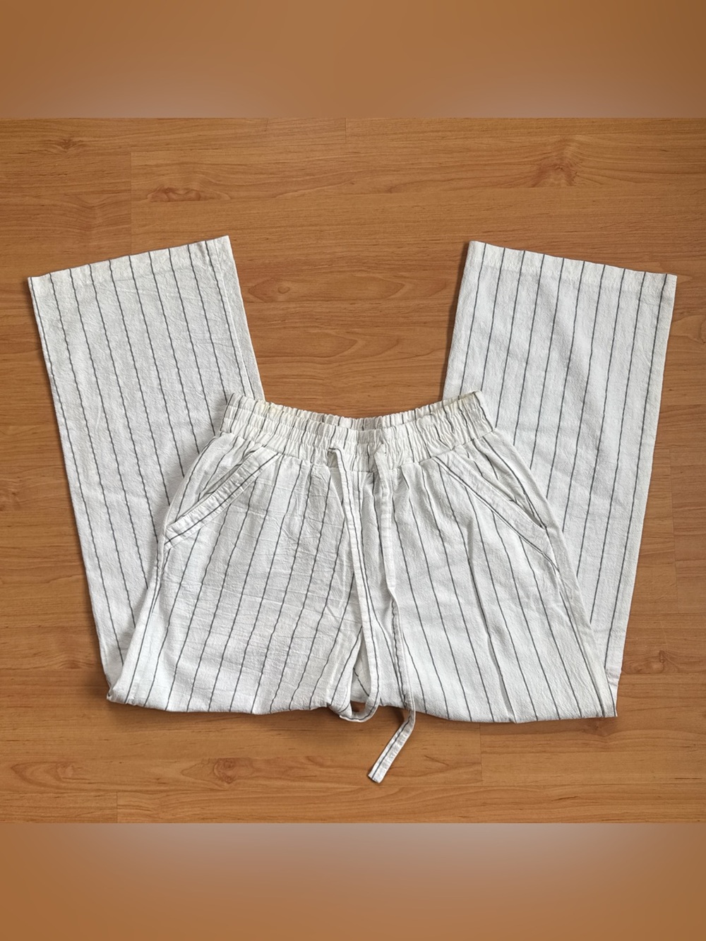 Mid Rise Cotton Loose Pull Up Drawstring Pants White & thin black Stripes Med